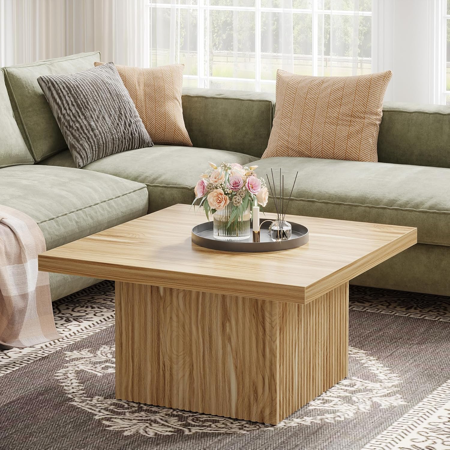 Tribesigns Square Coffee Table, 31.5-Inch Fluted Coffee Table, Mid-Century Modern Living Room Table, Large Cocktail Table for Living Room, Easy Assembly, Oak
