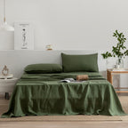 EVERLY Linen Queen Sheets Set, 100% Stonewashed French Linen Bed Sheets Deep Pocket Sheets, 4 Pieces (1 Flat Sheet, 1 Fitted Sheet, 2 Pillowcases) Natural Flax Bedding Set-Mossy Green