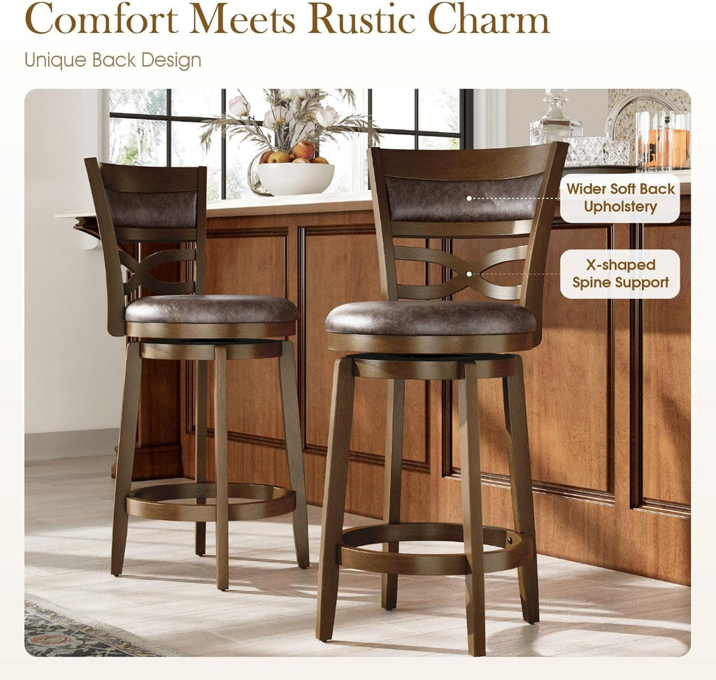 Sophia & William Swivel Bar Stools Set of 2, 26 Inch Counter Height Barstools with Backrest & Solid Wood Legs, Faux Leather Bar Stools for Kitchen Island