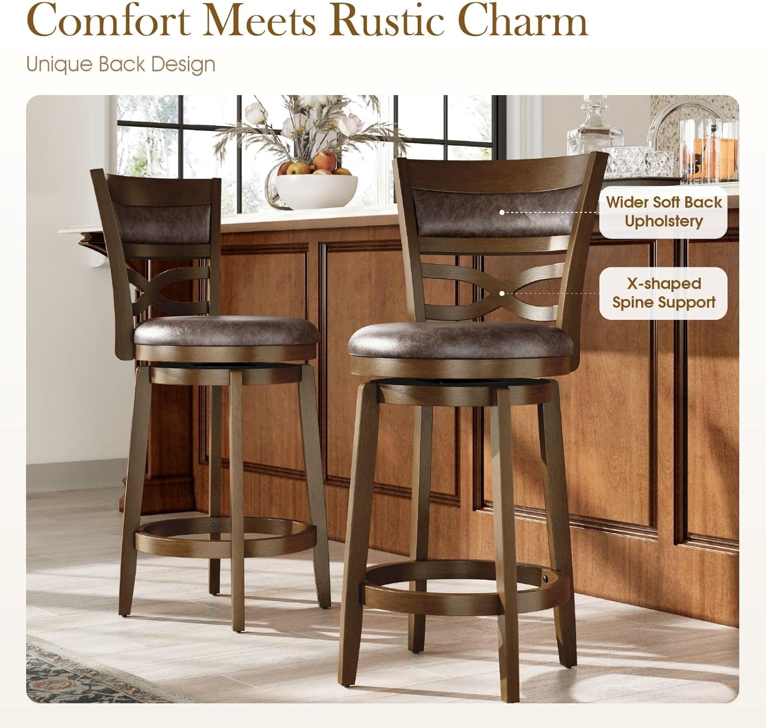 Sophia & William Swivel Bar Stools Set of 2, 26 Inch Counter Height Barstools with Backrest & Solid Wood Legs, Faux Leather Bar Stools for Kitchen Island