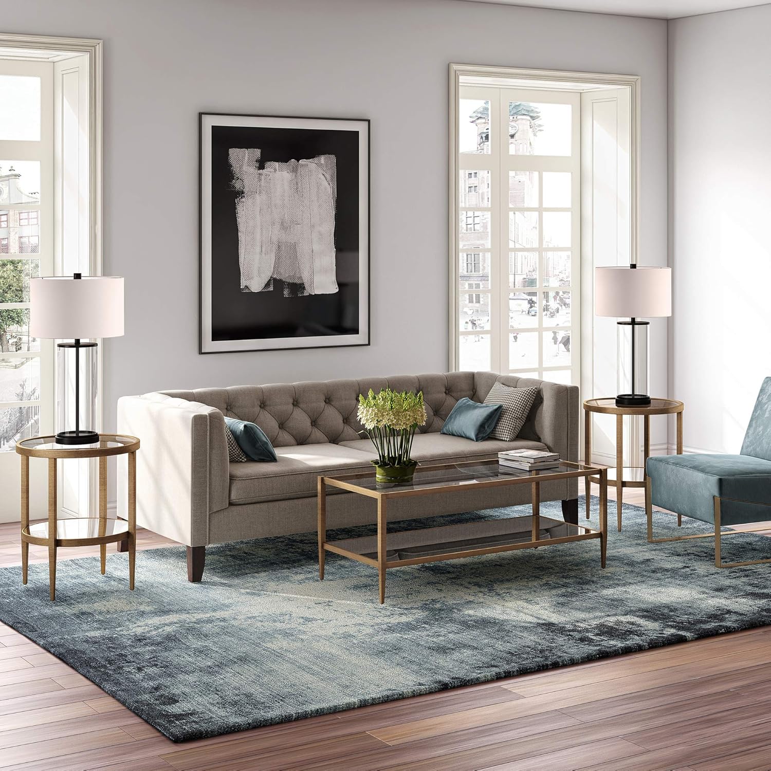 Henn&Hart 45" Wide Rectangular Coffee Table with Mirror Shelf in Brass, Coffee Table coffee tables for living room, studio apartment essentials