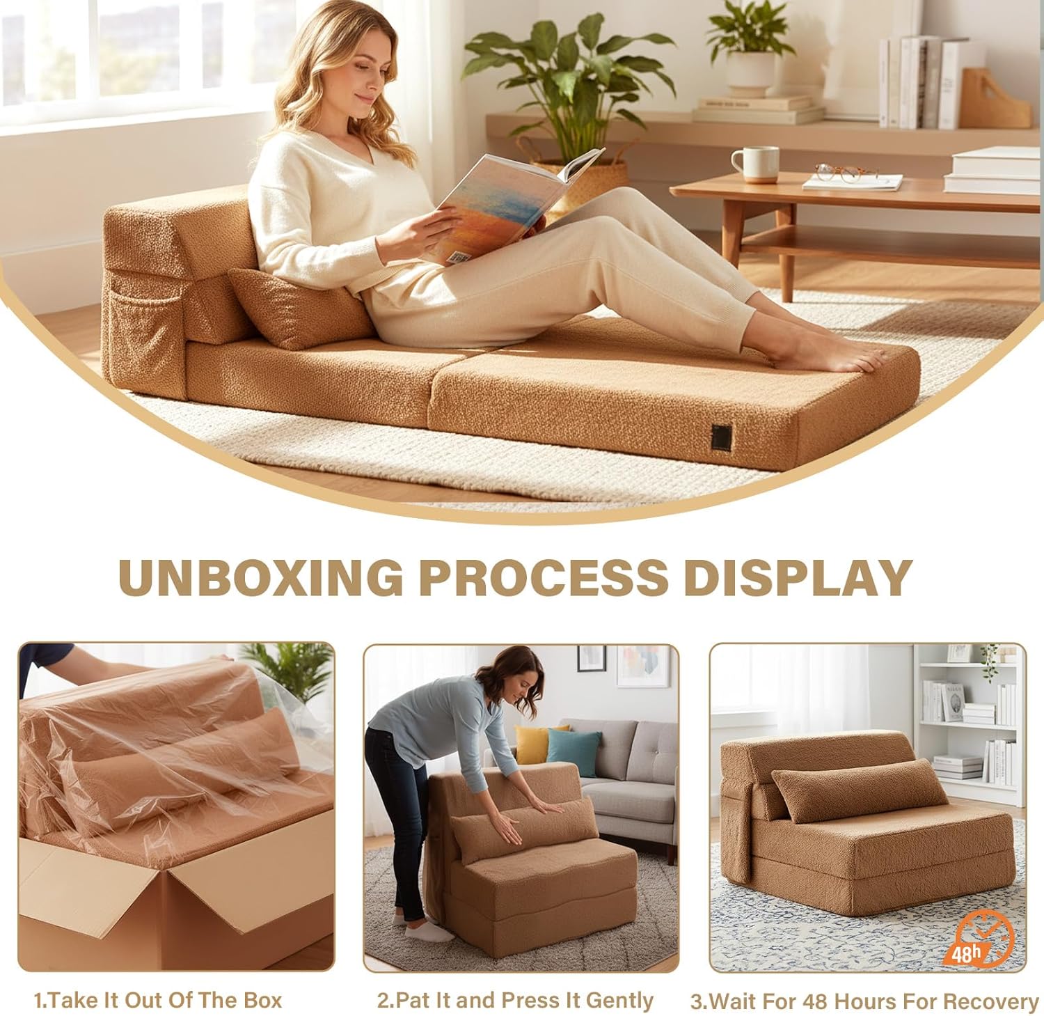 Tiita Convertible Folding Sofa Bed Single Size for Adults with Pillow, Plush Fabric Floor Mattress Couch Bed, Washable Cover & Side Pocket, Guest Room, Dorm, Apartment, Living Room, Brown
