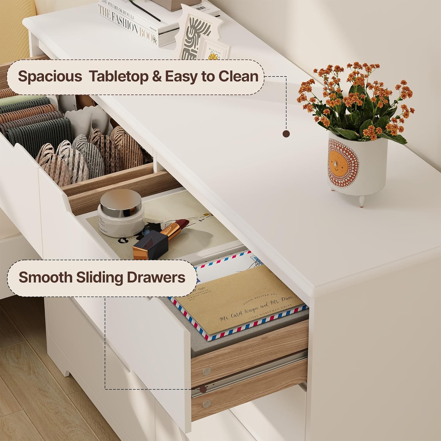 Gizoon 8 Drawer Dresser, 47" Wide White Dresser for Bedroom with Cut-Out Handles, Modern Wooden Chest of Drawers with Anti-Tip Kit, for Living Room, Hallway, Entryway, Home Office