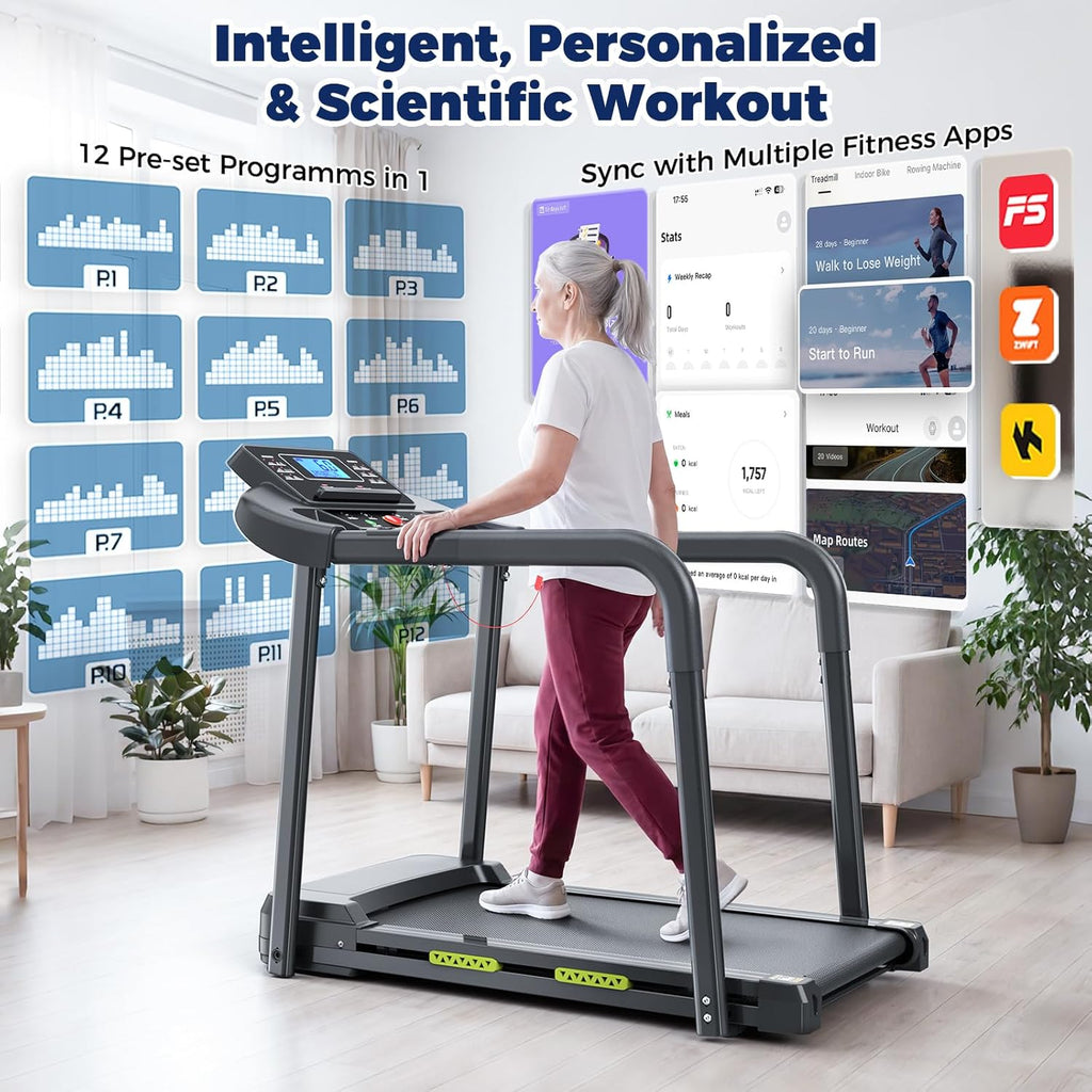 Treadmill for Senior at Home, Walking Jogging Running Pad Treadmill for Elderly, with Long Handrails, Heart Rate Monitor, Wide Running Belt, 2.5 HP, 300 LBS Capacity, PAD Stand & Cup Holder