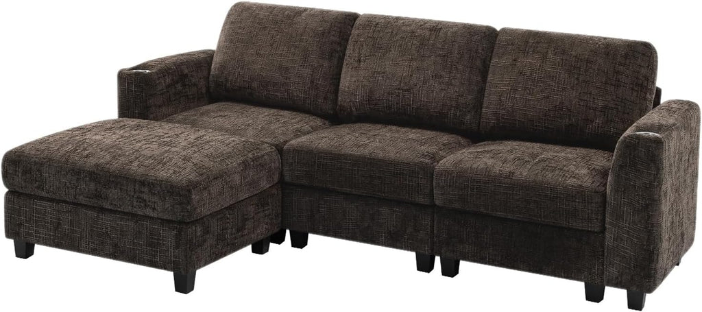 87" Chenille 3 Seater Couch with Soft Ottoman, L-Shape Sectional Sofa with Durable Cup Holders, Upholstered Sofa with Comfy Backrests for Living Room, House, Brown