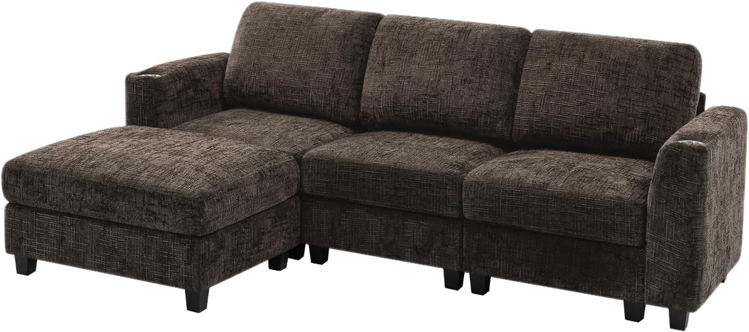 87" Chenille 3 Seater Couch with Soft Ottoman, L-Shape Sectional Sofa with Durable Cup Holders, Upholstered Sofa with Comfy Backrests for Living Room, House, Brown