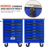 7 Drawers Tool Cart on Wheels with Stainless Steel Worktop, Heavy Duty Mobile Rolling Drawer Tool Chest with Locking Wheels & Lockable Drawers, Garage Tool Storage Cabinet (Blue, 7 Drawers)