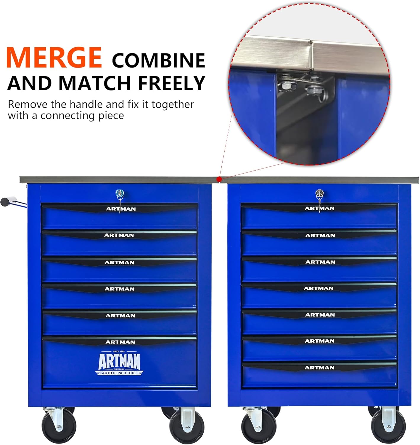 7 Drawers Tool Cart on Wheels with Stainless Steel Worktop, Heavy Duty Mobile Rolling Drawer Tool Chest with Locking Wheels & Lockable Drawers, Garage Tool Storage Cabinet (Blue, 7 Drawers)