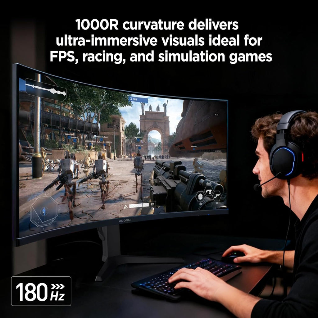 KOORUI 34-inch Curved Ultrawide WQHD 3440×1440 Gaming Monitor  180Hz 1000R- PIP/PBP  1ms(MPRT)  HDR400  DCI-P3 95%  FreeSync Premium  1 x DP 1.4 & 2 x HDMI 2.0  Tilt Height Swivel Adjustment  34E6UC