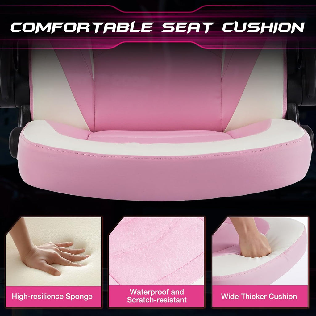 Sweetcrispy Computer Gaming Desk Chair - Ergonomic Lumbar Support Executive with PU Leather and Flip-up Armrest, Height Adjustable with 360° Swivel Wheels, Pink White, for Home and Office