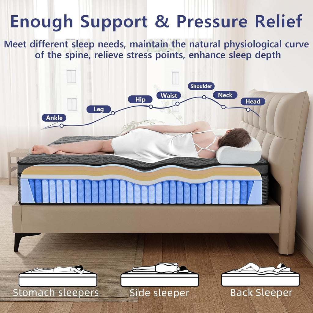 Queen Mattress, 14 Inch Queen Hybrid Mattress in a Box, Individual Pocket Spring for Motion Isolation & Pressure Relief, Medium Firm & Reinforced Edge Support, CertiPUR-US Certified