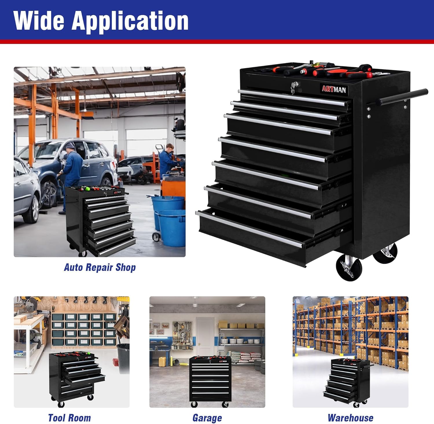 7 Drawers Rolling Tool Cart on Wheels, Multifunctional Organizer Tool Chest Tool Case, Trolley Tool Storage Tool Box for Workshop,Garage,Repair Shop (7 Drawers 24.2" W×12.9" D×29.9" H-Black)
