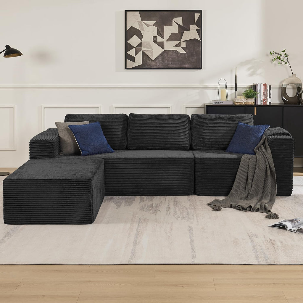 106" Modular Sectional Sofa with L-Shape Chaise, Right/Left Facing Deep Seat Cloud Couch, No Assembly Required, Upholstered Couch for Living Room Bedroom (Plush Corduroy Fabric, Black)
