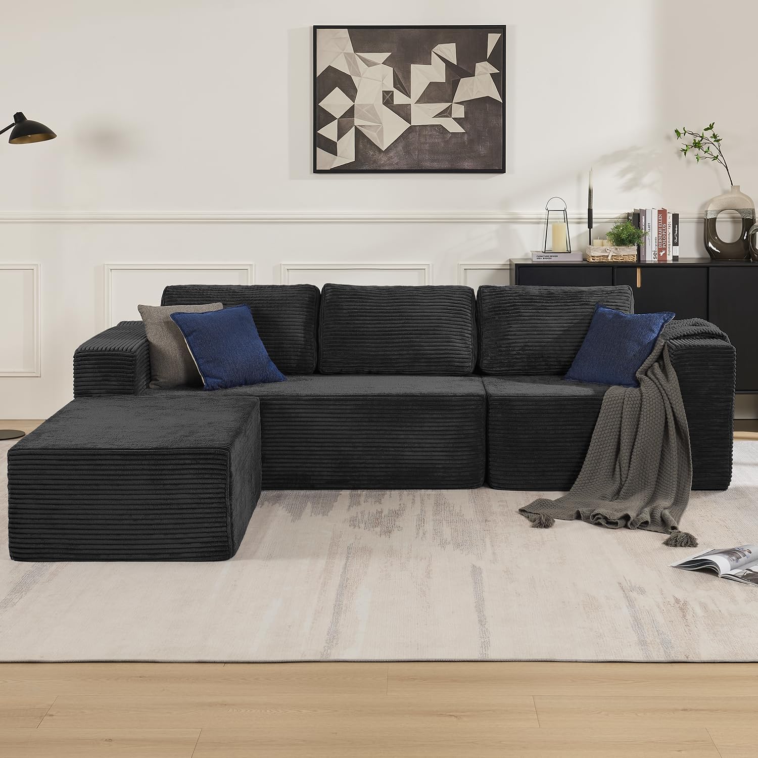 106" Modular Sectional Sofa with L-Shape Chaise, Right/Left Facing Deep Seat Cloud Couch, No Assembly Required, Upholstered Couch for Living Room Bedroom (Plush Corduroy Fabric, Black)