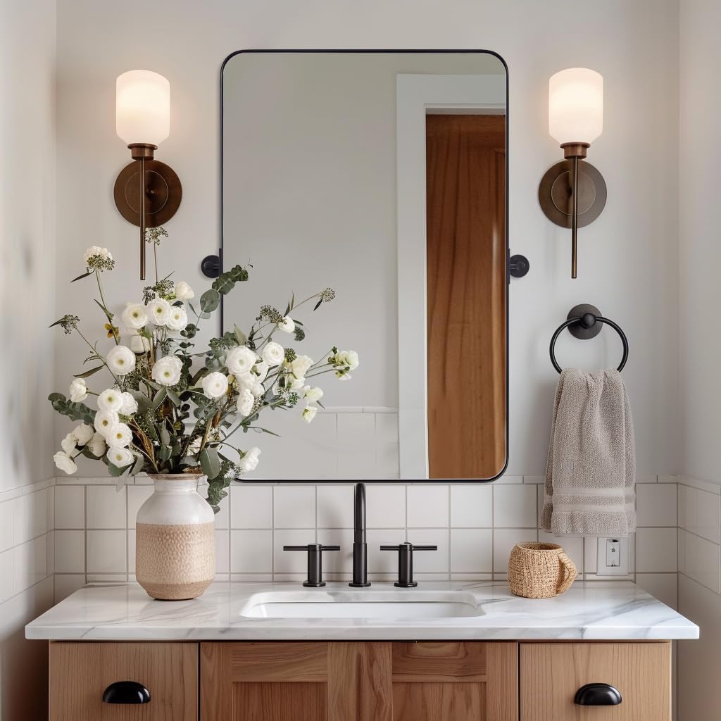 MOON MIRROR 24"x36" Matte Black Pivot Mirror for Bathroom, Metal Frame Bathroom Mirrors for Wall .Rectangle Titling Vanity Wall Mirror with Rounded Corner Hangs Vertical(Overall 27.75" x 36")