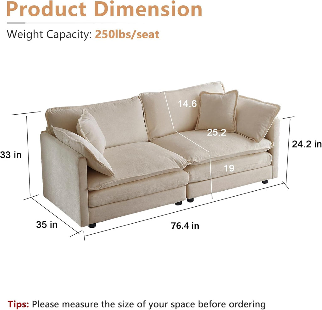 mikibama Luxury Loveseat Sofa Couch, 76" Modern Chenille Deep 2-Seater Cloud Couch with 2 Armrest Pillows and 2 Toss Pillows, Love Seat for Living Room Bedroom Office Apartment, Light Coffee