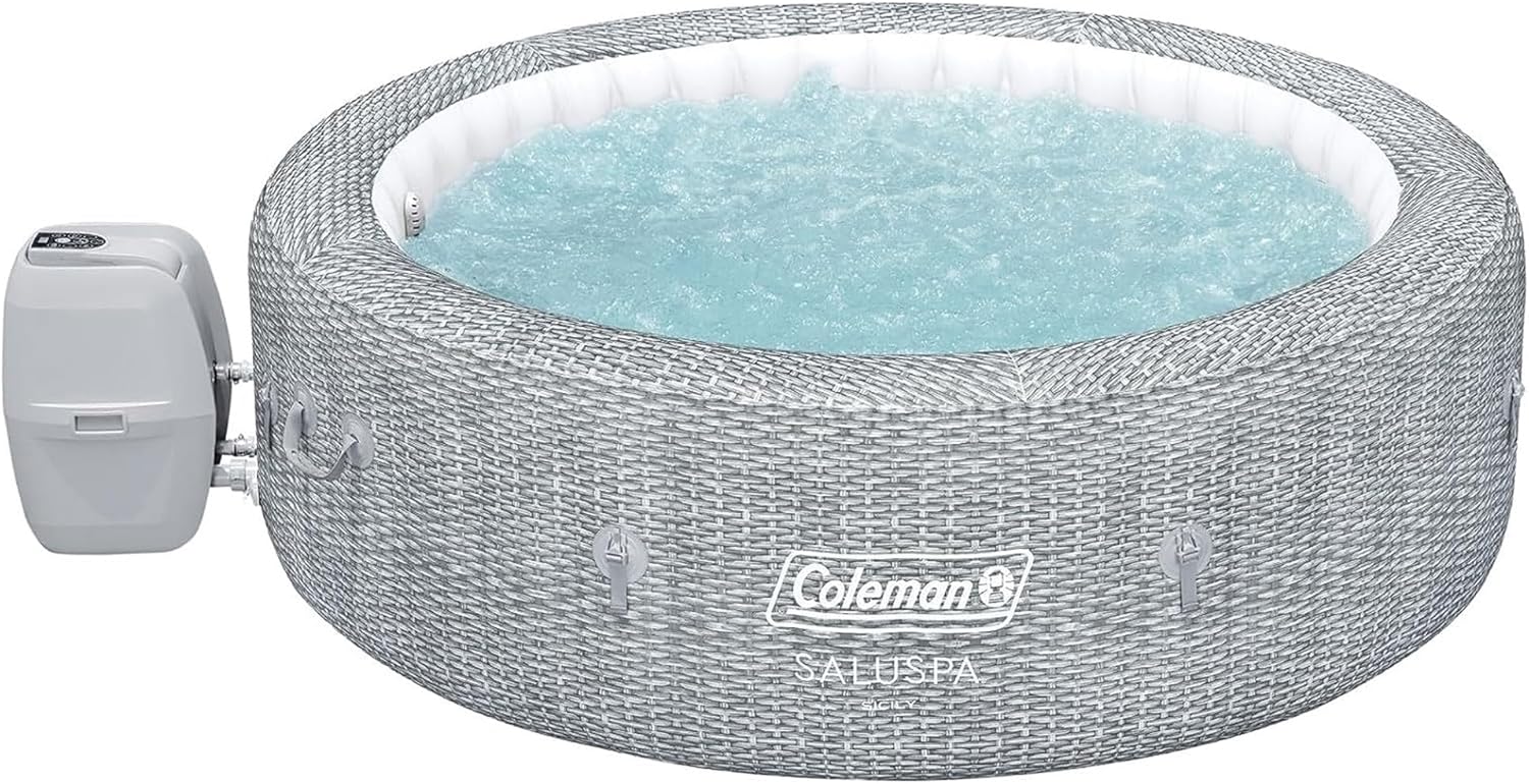 Coleman Sicily AirJet Large Round 5 to 7 Person Inflatable Hot Tub Portable Outdoor Spa with 180 AirJets and EnergySense Cover  Grey