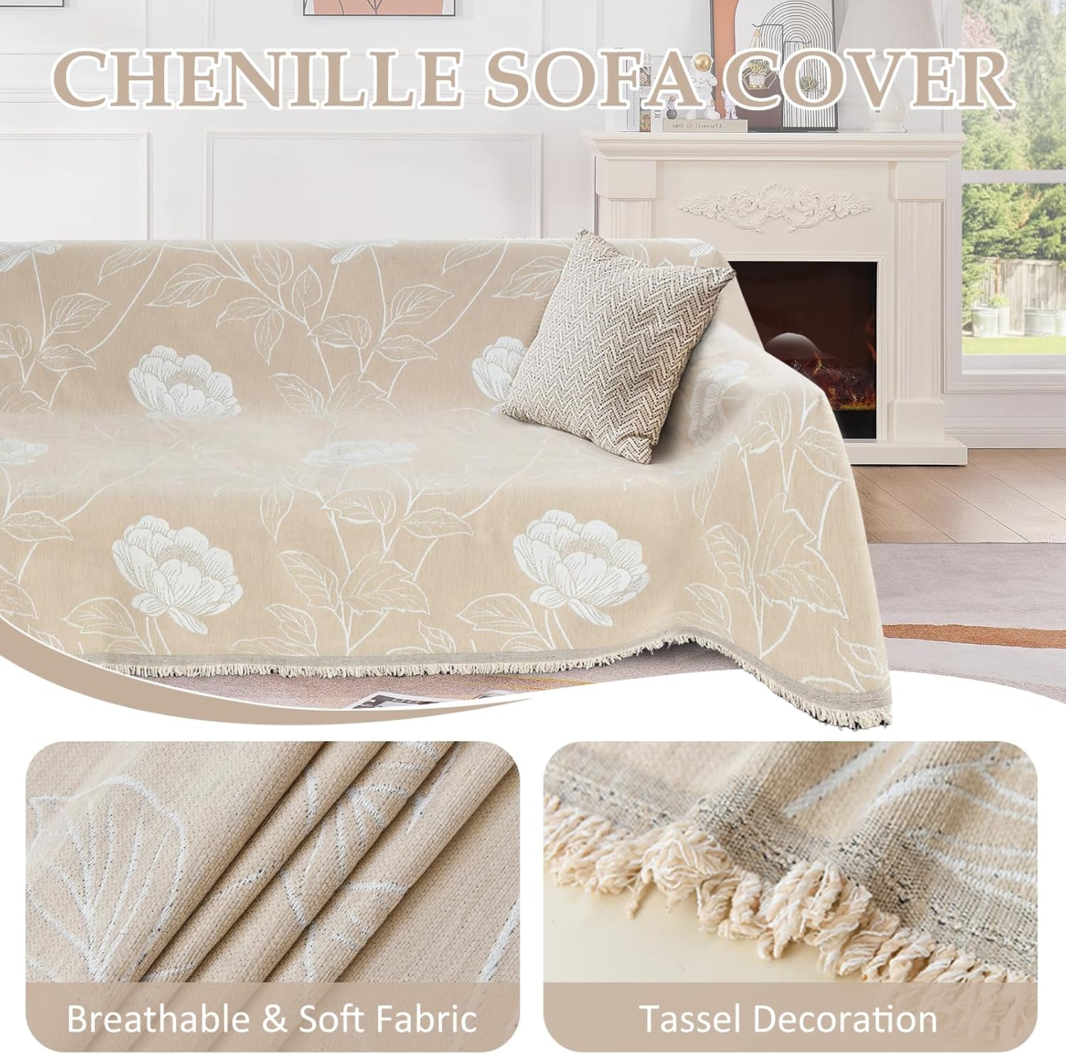 1OO% Waterproof Sectional Couch Covers for Dogs L Shaped Corner Sofa Cover Washable Chenille Sofa Slipcovers Blanket Modern Jacquard Pet Furniture Protector (91"x252", Beige Flower)