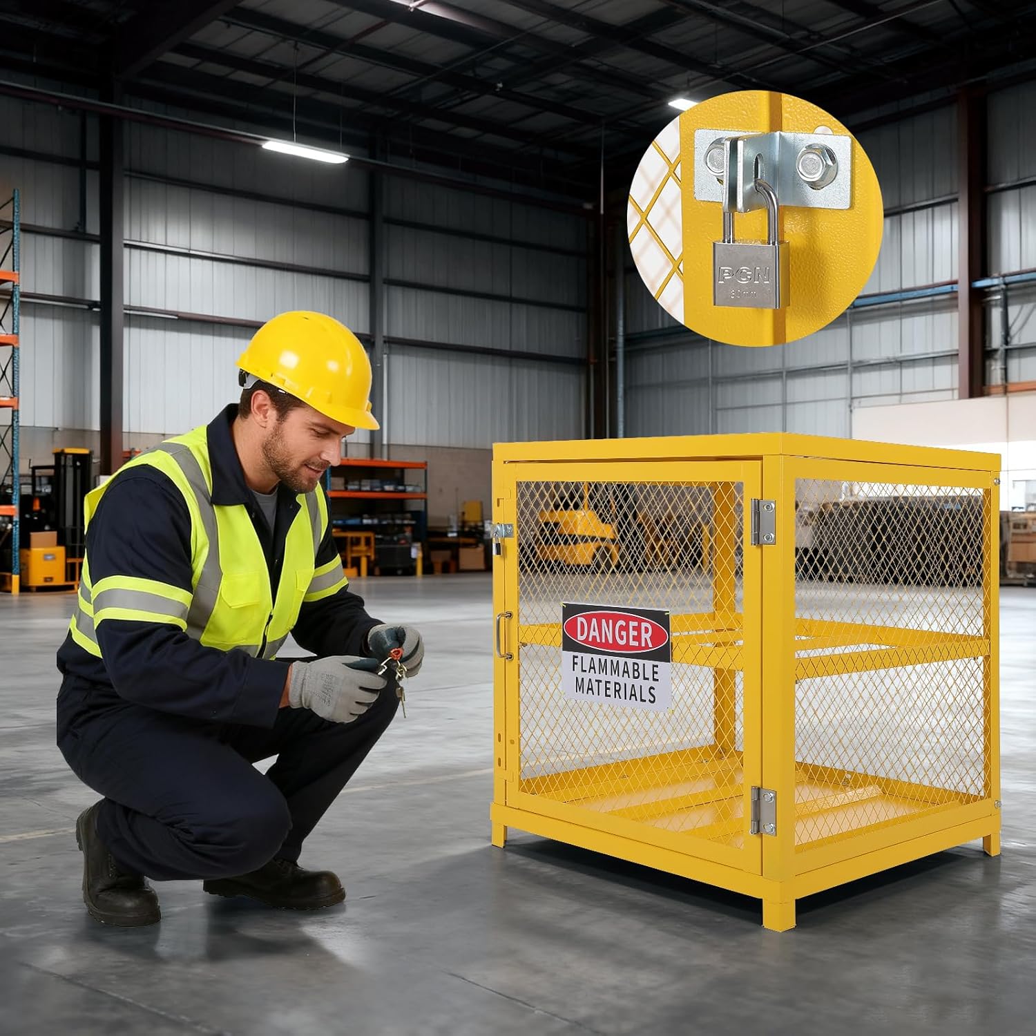Garvee Horizontal Storage Cabinet Lockable Heavy-Duty for 4 Propane Cylinders 31x30x35 Inch OSHA-Compliant Gas Tank Cage w/Anti-Slip Guardrails, Yellow Powder Coated Steel, 2-Tier Workshop Storage