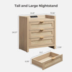 SICOTAS Rattan Nightstands Set of 2 Bedside Table - Larger Night Stand with Type-C Charging Station, 3 Drawers Storage, Boho Night Stands End Table for Bedroom Office - Light Oak