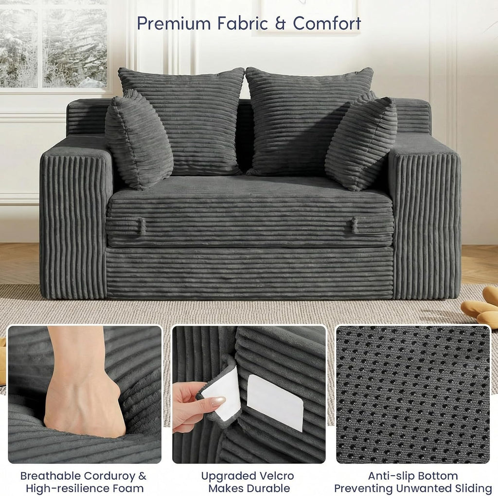 Boneless Couch Loveseat Sleeper, Convertible Sofa Bed Folding Couch Bed Foldable, 2 in 1 Boneless Chair Bed & Futon Sofa Bed, Small Pull Out Sofa with 4 Pillows for Living Room, Grey | No Assembly, Convertible, 2 in 1, Pull Out Handle, 4 Pillows
