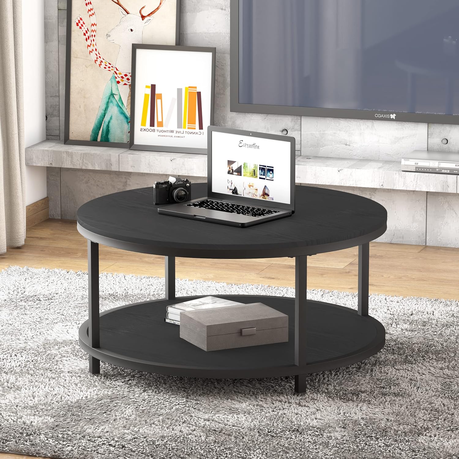 NSdirect Round Coffee Table, 36" Rustic Wooden Surface Top & Sturdy Metal Legs Industrial Sofa Table for Living Room Modern Design Home Furniture with Storage Open Shelf (Black Oak)
