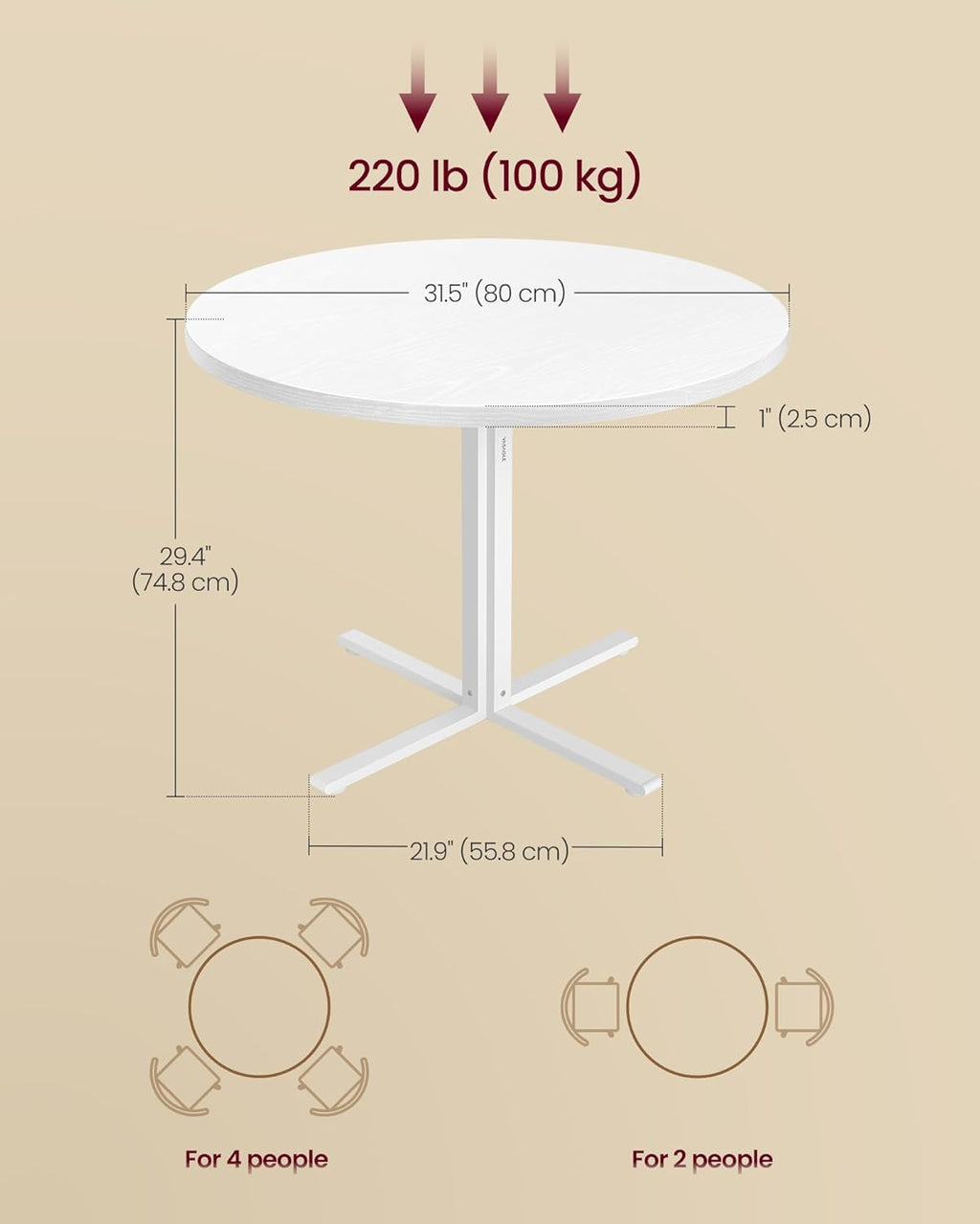 VASAGLE Dining Table, Small Round Kitchen Table for 4 People, 31.5 x 29.4 Inches, for Dining Room, Living Room, Farmhouse, Water-Resistant, Snow White UKDT082W01V1