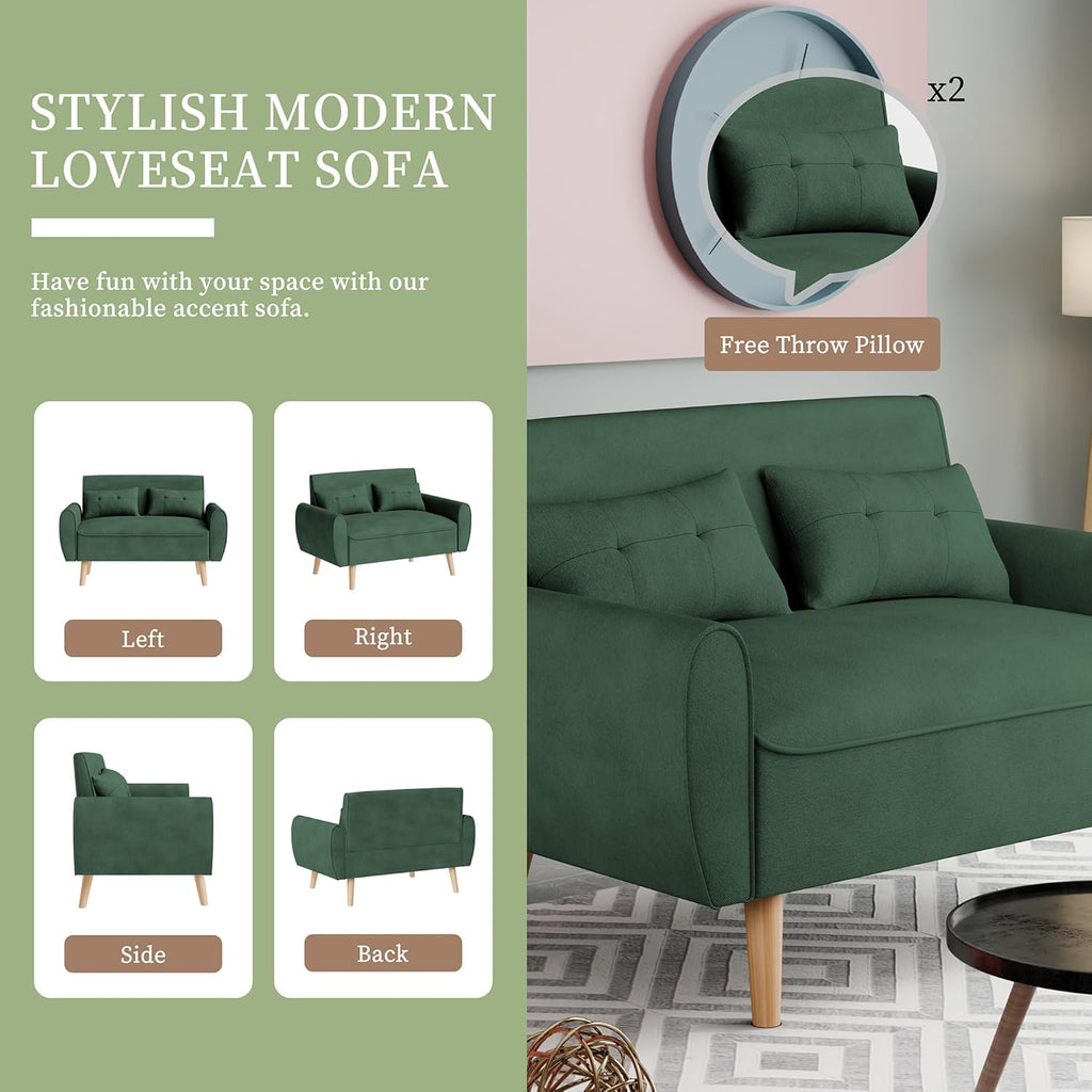 Vongrasig 47" Small Modern Loveseat Sofa, Mid Century Linen Fabric 2-Seat Sofa Couch Tufted Love Seat with Back Cushions and Tapered Legs for Living Room, Bedroom and Small Space (Green)