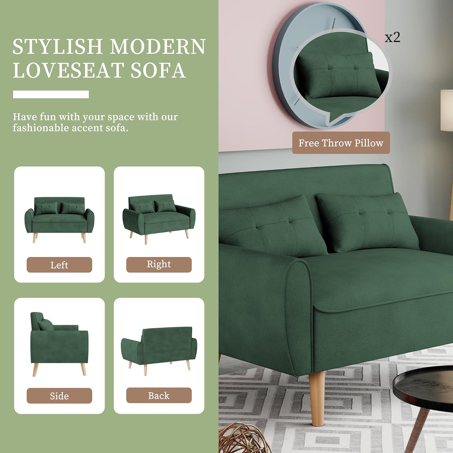 Vongrasig 47" Small Modern Loveseat Sofa, Mid Century Linen Fabric 2-Seat Sofa Couch Tufted Love Seat with Back Cushions and Tapered Legs for Living Room, Bedroom and Small Space (Green)