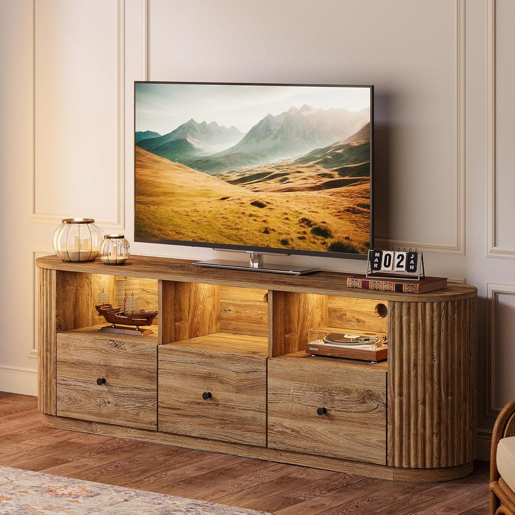 Tribesigns 70.87" TV Stand for TVs up to 80", Modern Curved Media Console with 3 Drawers and Open Storage, Fluted Entertainment Center for Living Room, Brown