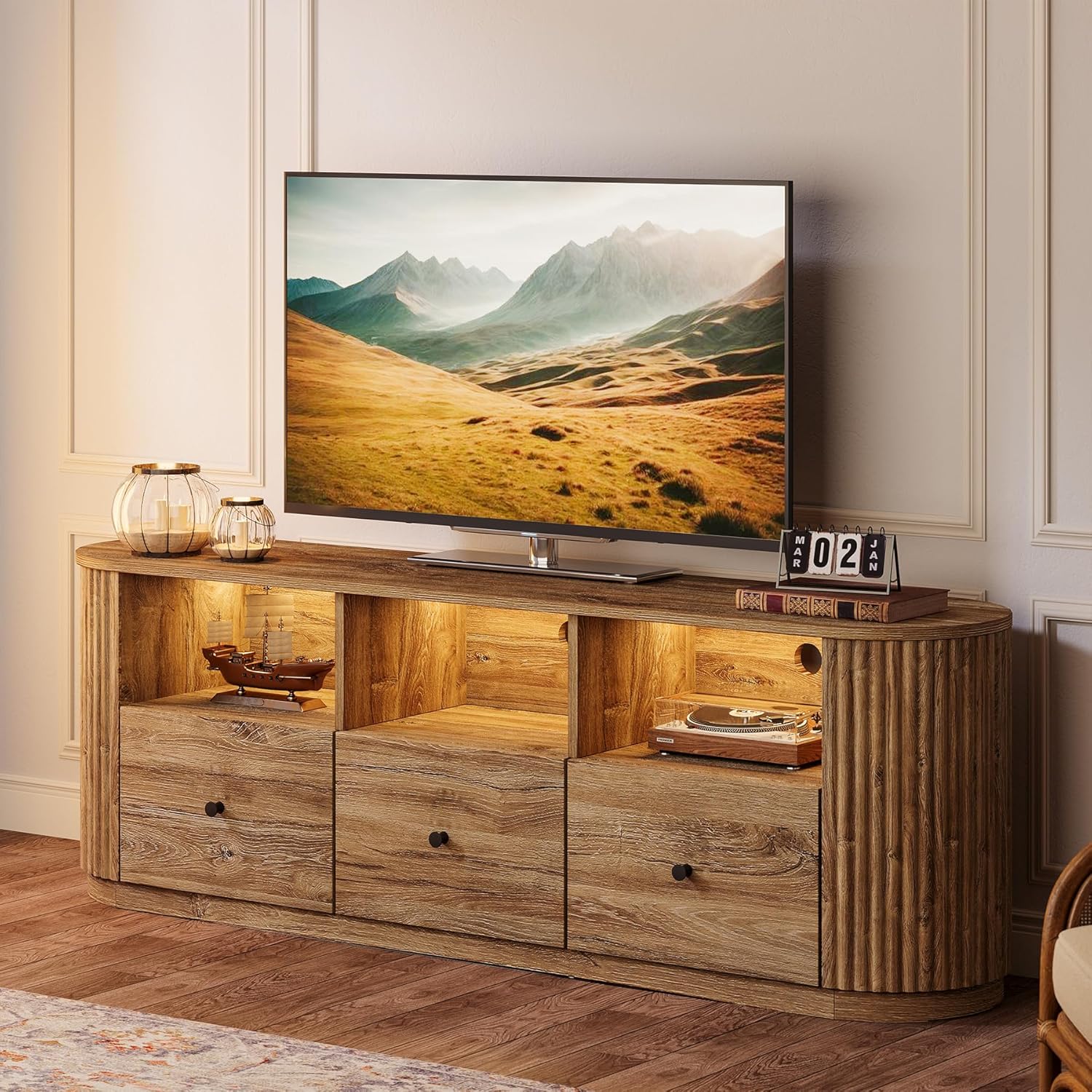Tribesigns 70.87" TV Stand for TVs up to 80", Modern Curved Media Console with 3 Drawers and Open Storage, Fluted Entertainment Center for Living Room, Brown