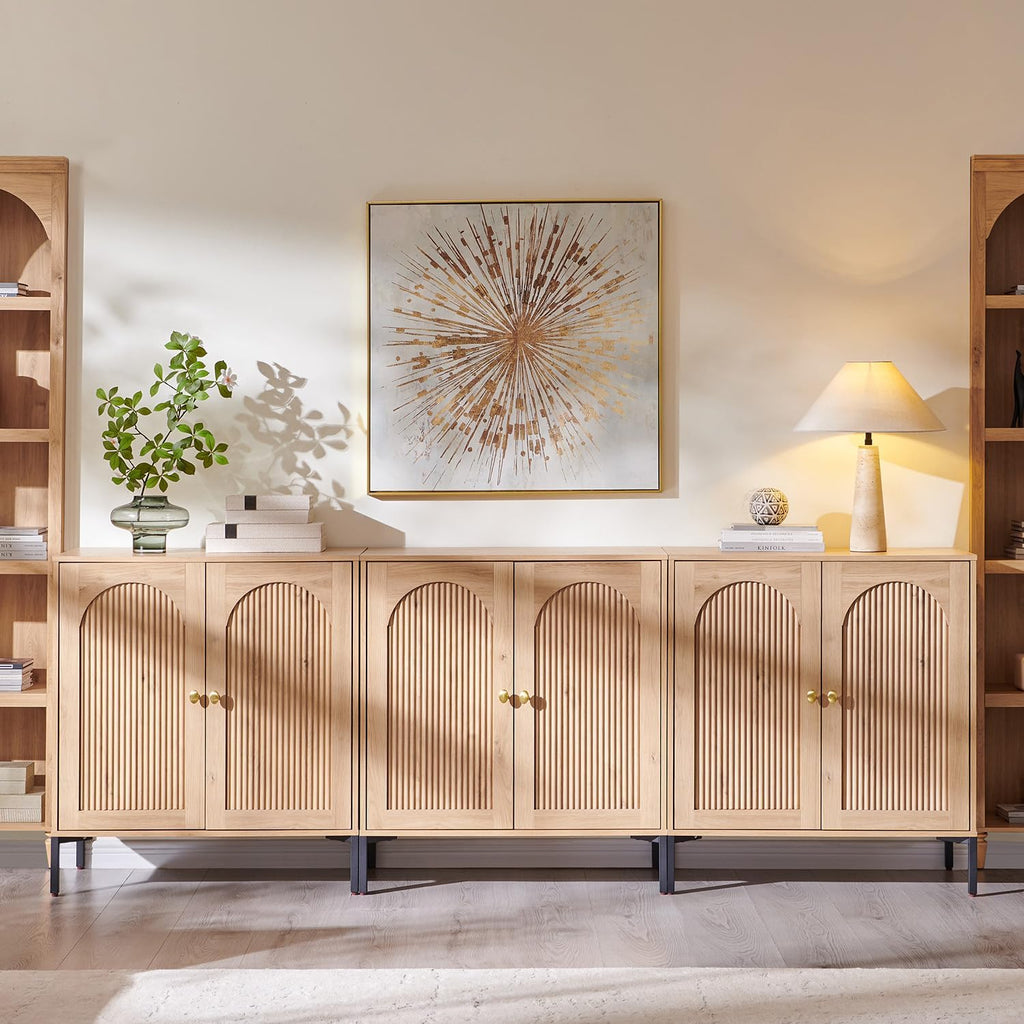 Modern TV Stands for 80 inch tvs, 92.63" W Wood Entertainment Center w/Adjustable Shelves, Mid Century Modern TV Stand w/Arched Fluted Doors, Media Console Cabinet for Living Room, Natural