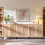 Modern TV Stands for 80 inch tvs, 92.63" W Wood Entertainment Center w/Adjustable Shelves, Mid Century Modern TV Stand w/Arched Fluted Doors, Media Console Cabinet for Living Room, Natural