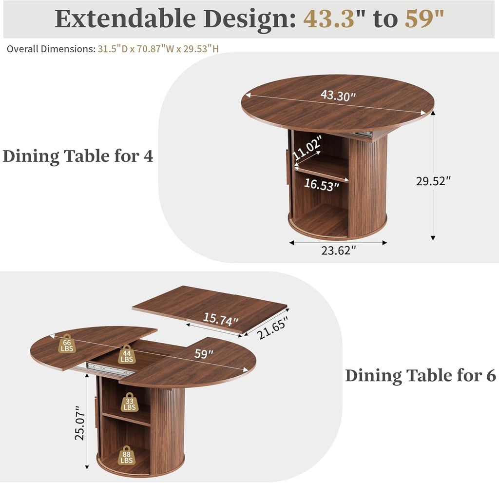 43"-59" Extendable Round to Oval Dining Table with Hidden Storage, Modern Wooden Kitchen Table with Fluted Sliding Door Cabinet, Expandable Dinner Table for Dining Room Living Room (Walnut)