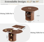 43"-59" Extendable Round to Oval Dining Table with Hidden Storage, Modern Wooden Kitchen Table with Fluted Sliding Door Cabinet, Expandable Dinner Table for Dining Room Living Room (Walnut)