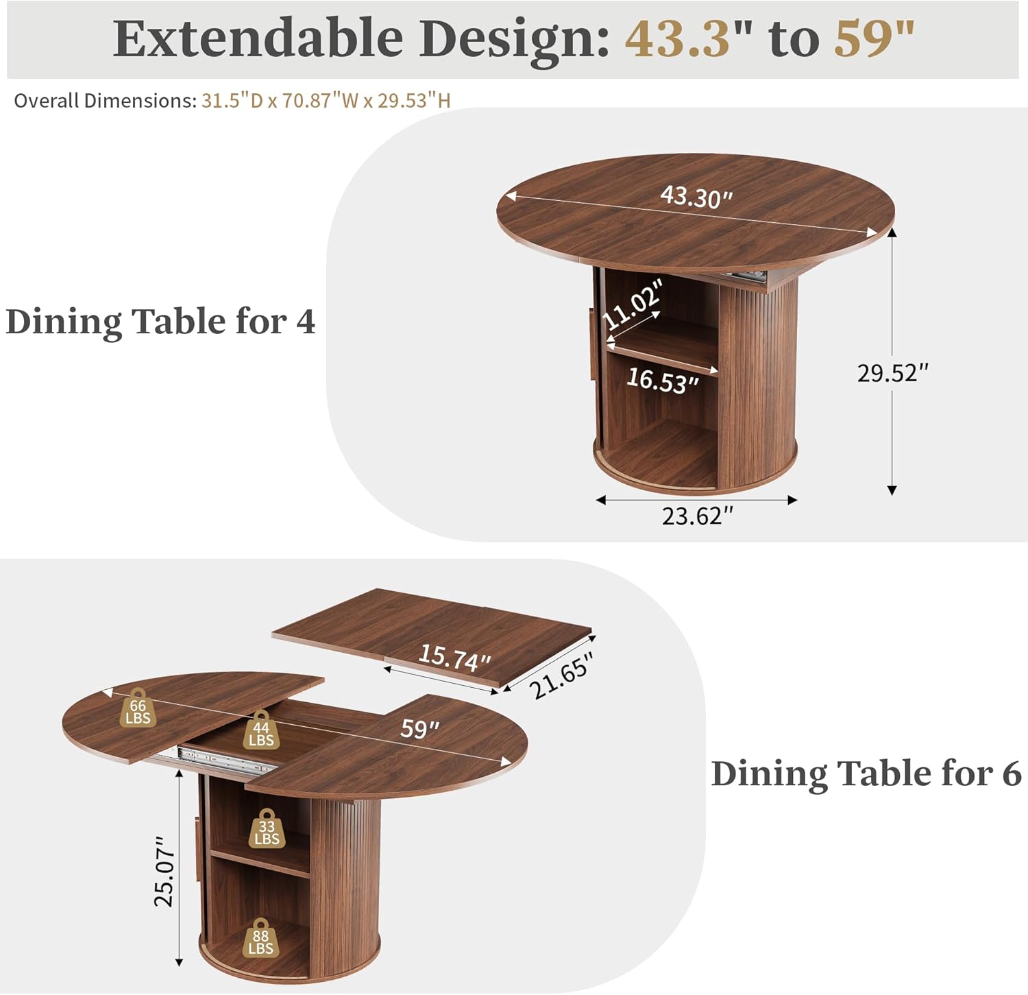 43"-59" Extendable Round to Oval Dining Table with Hidden Storage, Modern Wooden Kitchen Table with Fluted Sliding Door Cabinet, Expandable Dinner Table for Dining Room Living Room (Walnut)