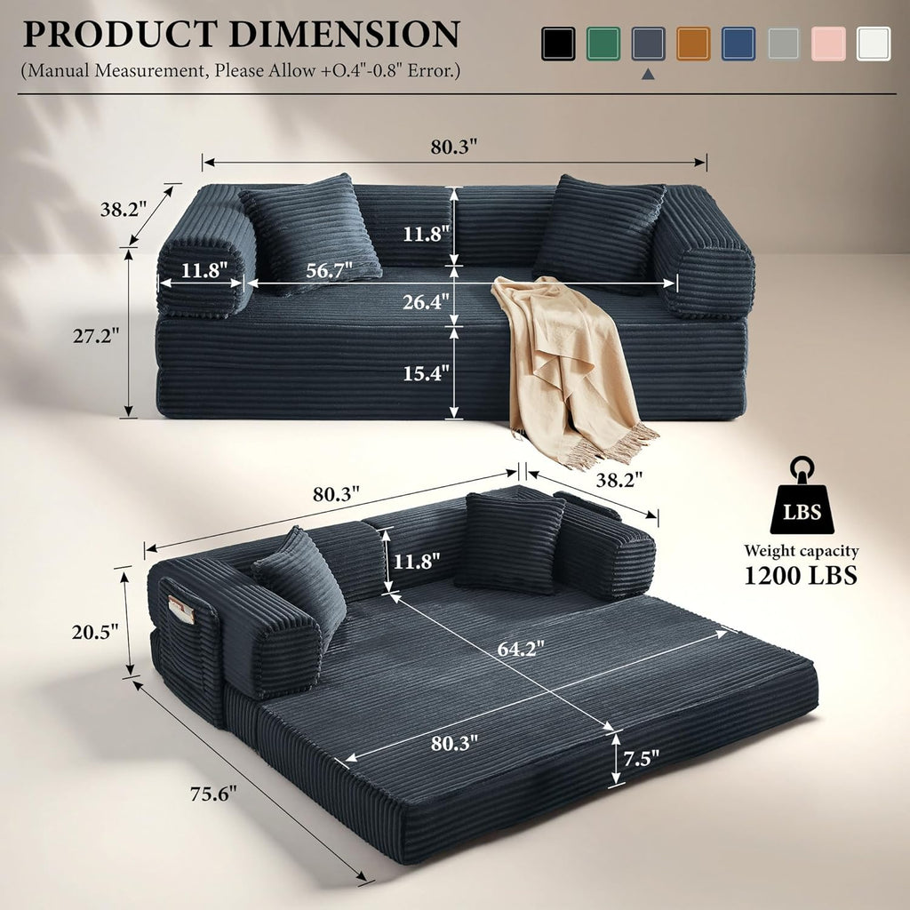 Boneless Couch Folding Couches for Living Room Sofa, Futon Sofa Bed with Sleeper Sofa, Futon Couch with Fixed-Shape Oversized Corduroy Upholstered (Dark Gray, 81 Inches)
