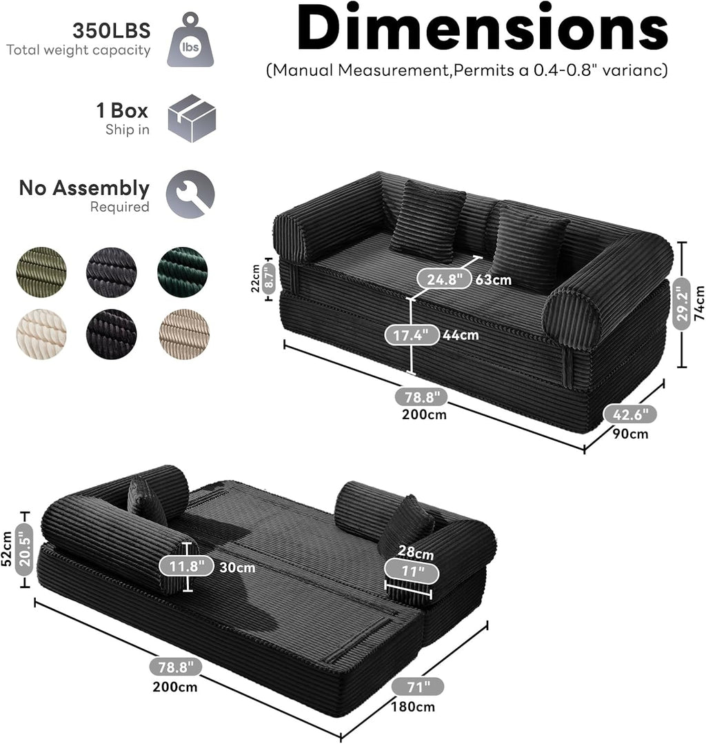 Tbfit 79'' Convertible Sofa Bed, Oversized Corduroy Folding Boneless Couch, Futon Mattress Sleeper Sofa, Comfy Foldable Upholstered Floor Couches for Living Room, Black