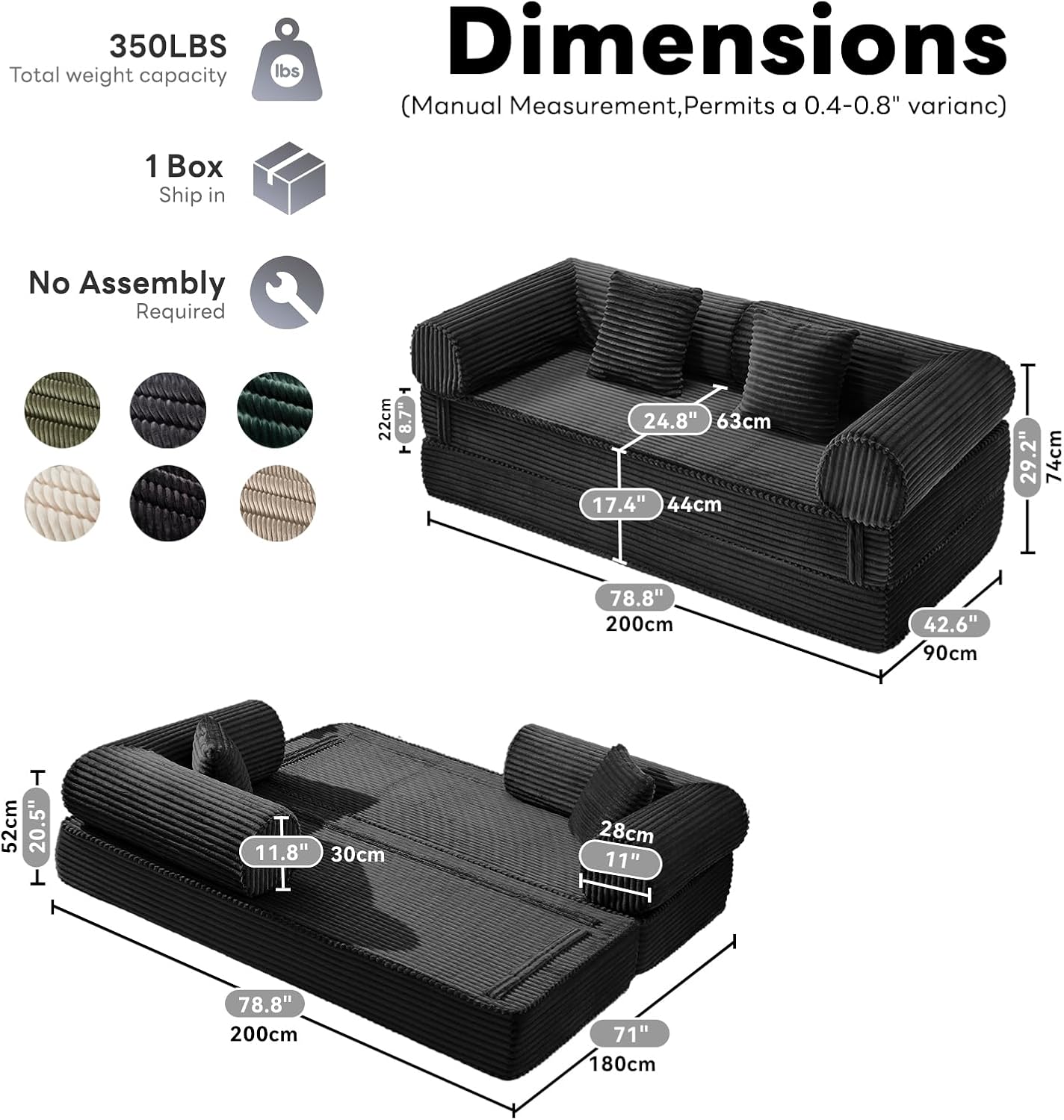 Tbfit 79'' Convertible Sofa Bed, Oversized Corduroy Folding Boneless Couch, Futon Mattress Sleeper Sofa, Comfy Foldable Upholstered Floor Couches for Living Room, Black
