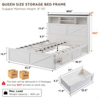 ACCOHOHO Queen Bed Frame Farmhouse with 52" Storage Bookcase Headboard, 4 Drawers Wooden Bed Frame, LED Light, Charging Station - White