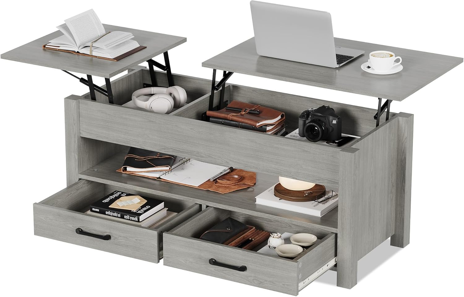 GarveeHome Coffee Table Lift Top, Convertible Coffee Table with Wooden Lift Tabletop, 2 Drawers and Hidden Compartment, Central Table with Storage for Living Room Home Office, Grey