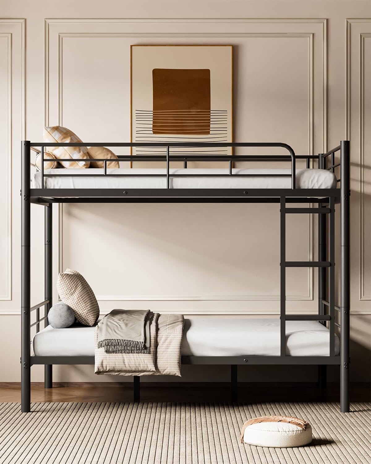 Full Over Full Metal Bunk Bed for Adults & Kids, Convertible to 2 Separate Full Size Beds, Heavy Duty Bunk Bed Frame with Full-length Guardrail & EVA Padded Ladder, No Box Spring Needed, Black