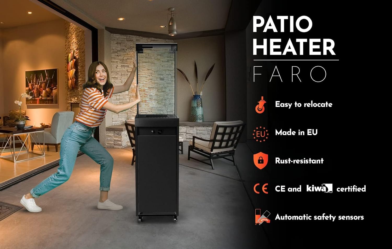 Planika Faro 41 000 BTU Propane Patio Heater 59" Modern Freestanding Glass Tower with Wheels  Smokeless 360° Flame  Cover & Regulator Included for Commercial & Residential Outdoor Spaces