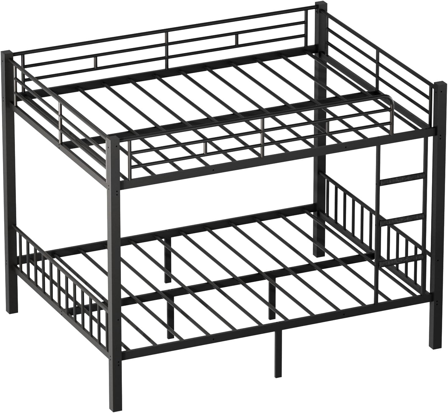 Queen Over Queen Bunk Bed for Adults & Teens, Heavy Duty Metal Bunk Bed with EVA Anti-Slip Ladder & Full-Length Guardrails, Noise-Free Queen Bunk Bed Frame with Under-Bed Storage, Black