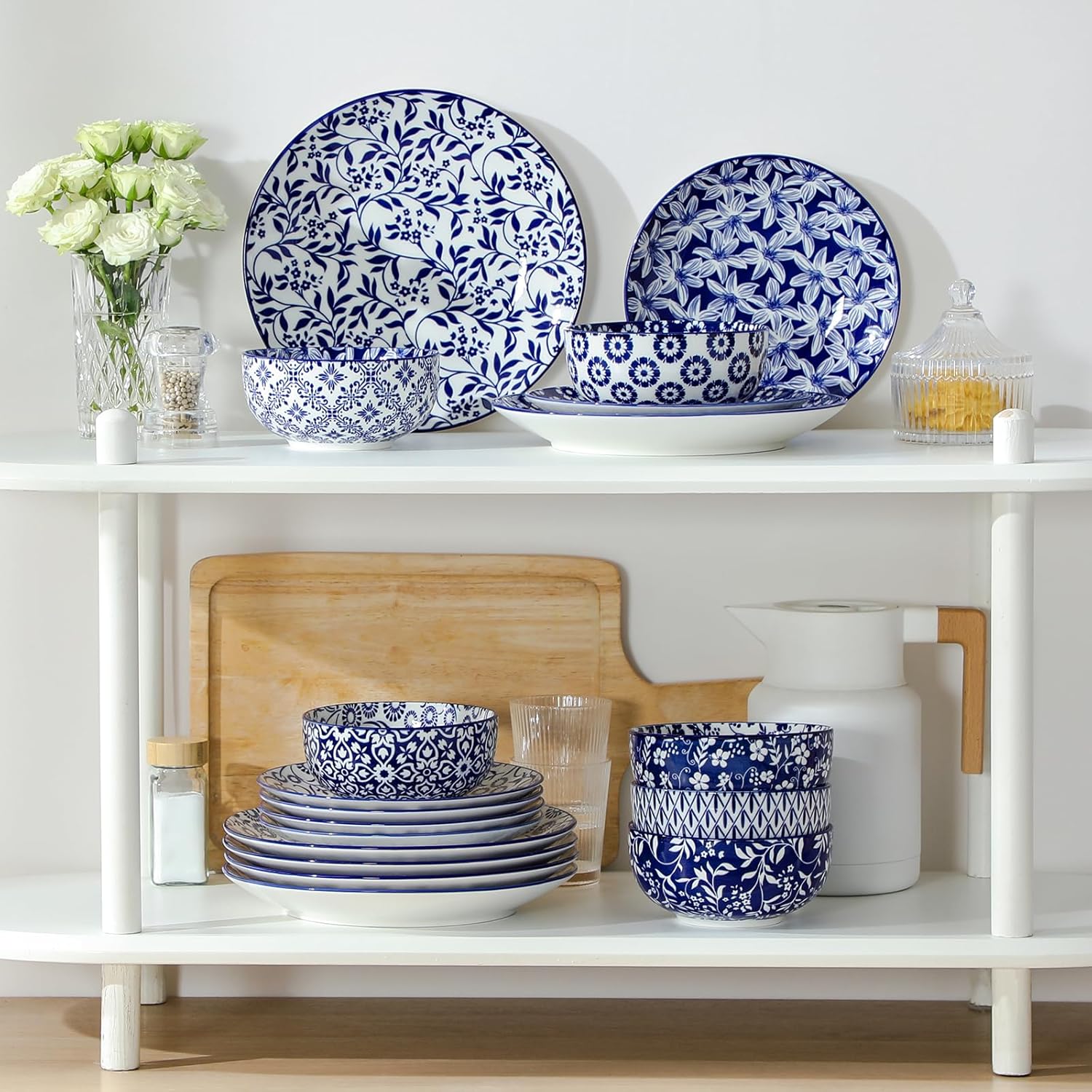 vancasso SELENE Plates and Bowls Set for 6, 18 Pieces Dinnerware Sets, Mircowave and Dishwasher Safe Dishes Set, Porcelain Blue Dinnerware
