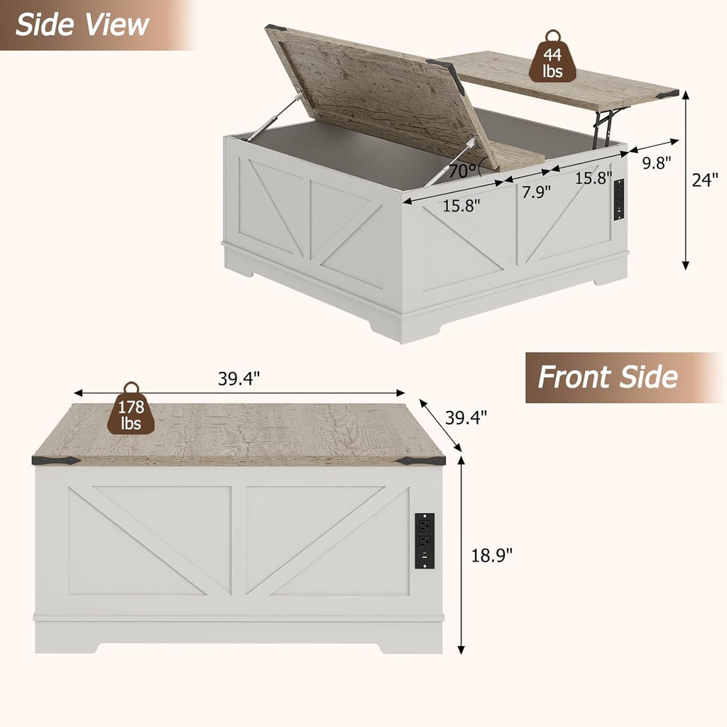 EAG 40" Large Farmhouse Lift Top Coffee Table with Hidden Compartment & Power Outlets, Square Wooden Coffee Table with Multi-Function Flip-Top Ample Storage Center Table for Living Room, White