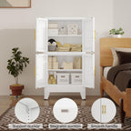 47“H White Metal Bathroom Storage Cabinet, Kitchen Pantry Cabinet with Doors and 3 Adjustable Shelves, Bathroom cabinets Organizer, for Home Office, Bedroom