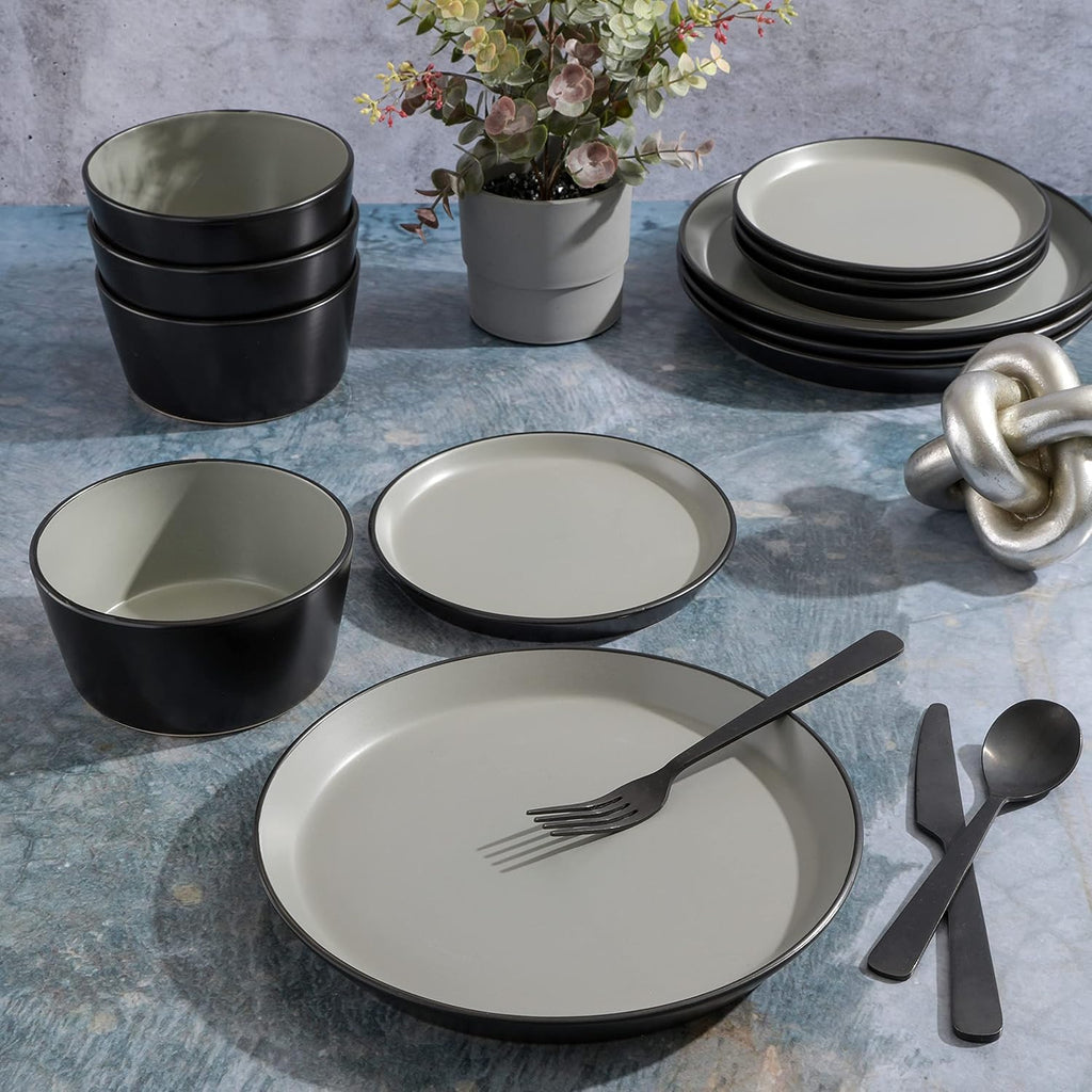 Gibson Soho Lounge Sofia Coupe 12-Piece Stoneware Dinnerware Set, Service for 4 – Grey Plates and Bowls