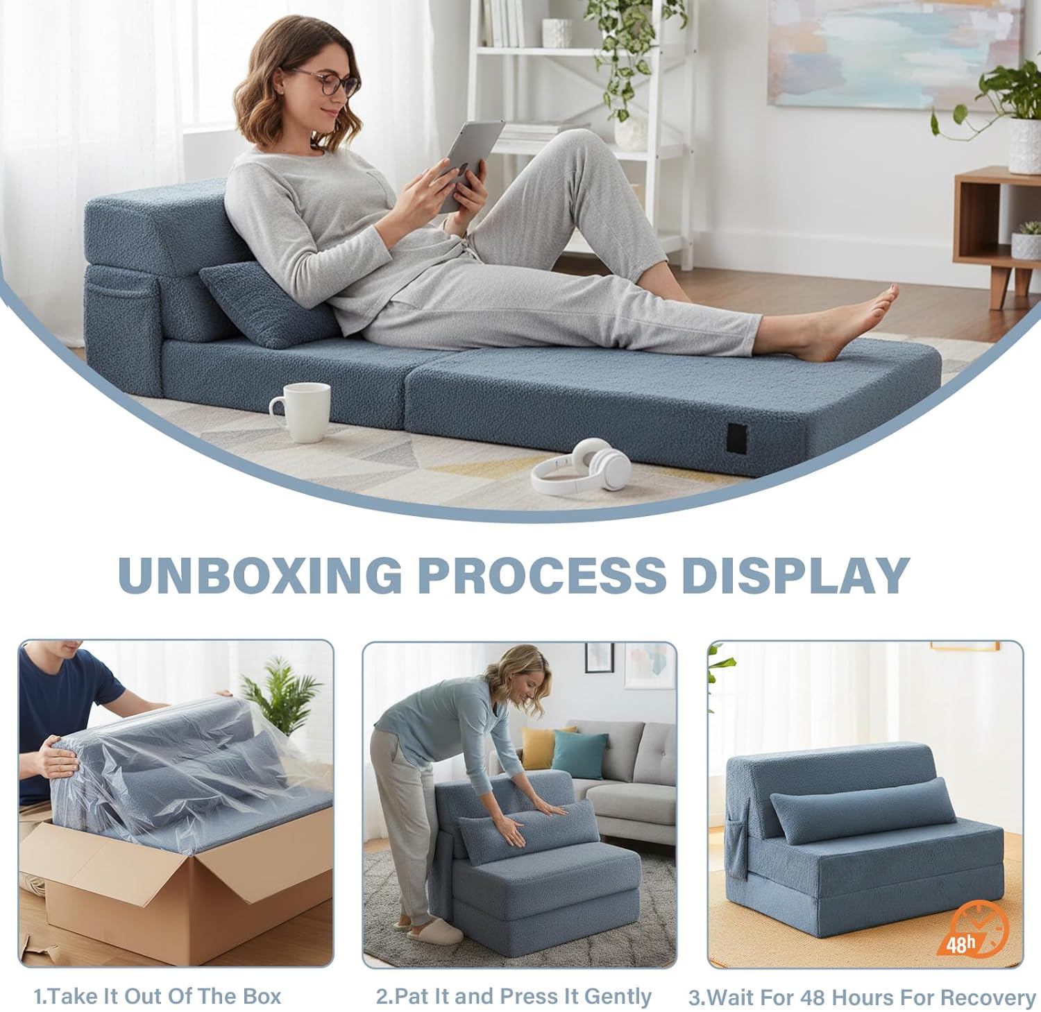 Tiita Convertible Folding Sofa Bed Single Size for Adults with Pillow, Plush Fabric Floor Mattress Couch Bed, Washable Cover & Side Pocket, Guest Room, Dorm, Apartment, Living Room, Blue Gray