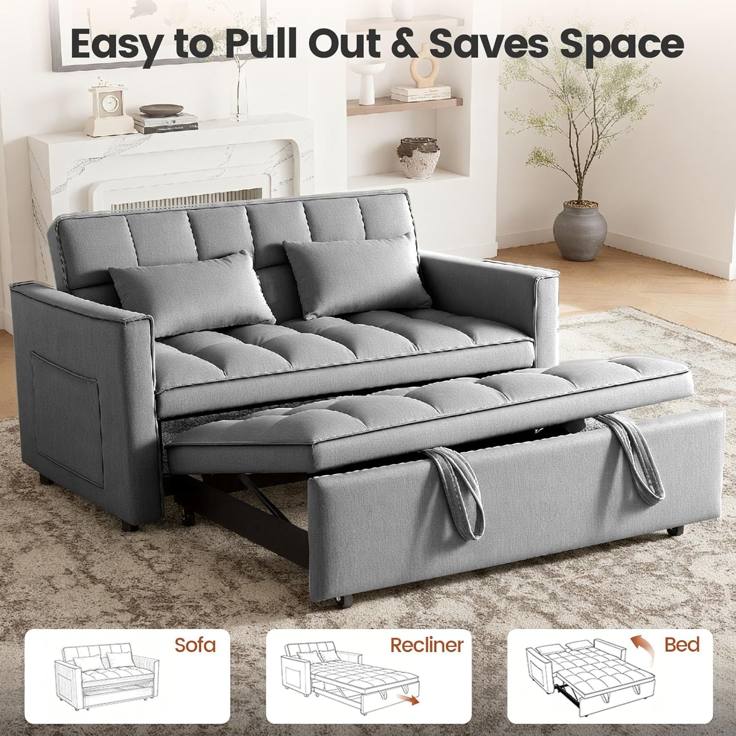 Convertible Sofa Bed, Pull Out Couch with Side Pockets, 3 in 1 Velvet Fabric Loveseat Sleeper Sofa Bed, Pull Out Couch with Adjustable Backrest for Living Room, Bedroom, Apartment, Deep Gray